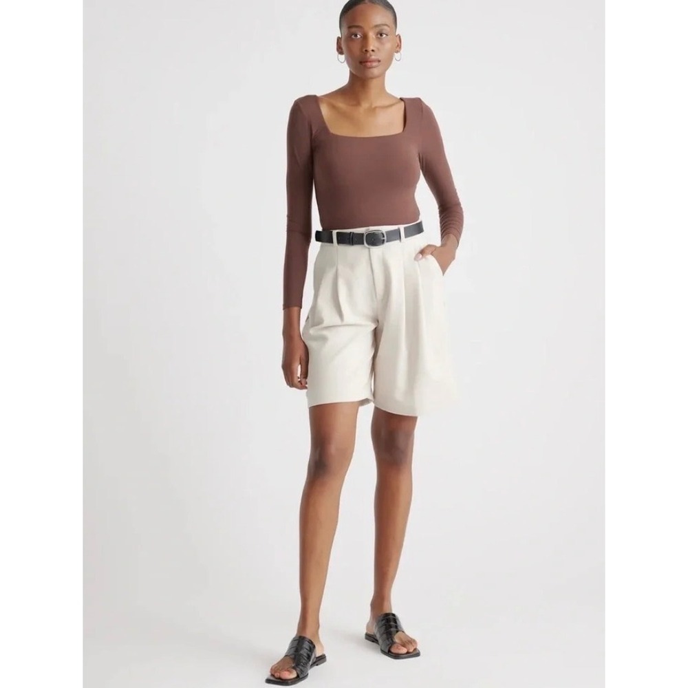 Quince Square Neck Long Sleeve Bodysuit Size S Brown NEW Snaps Stretch